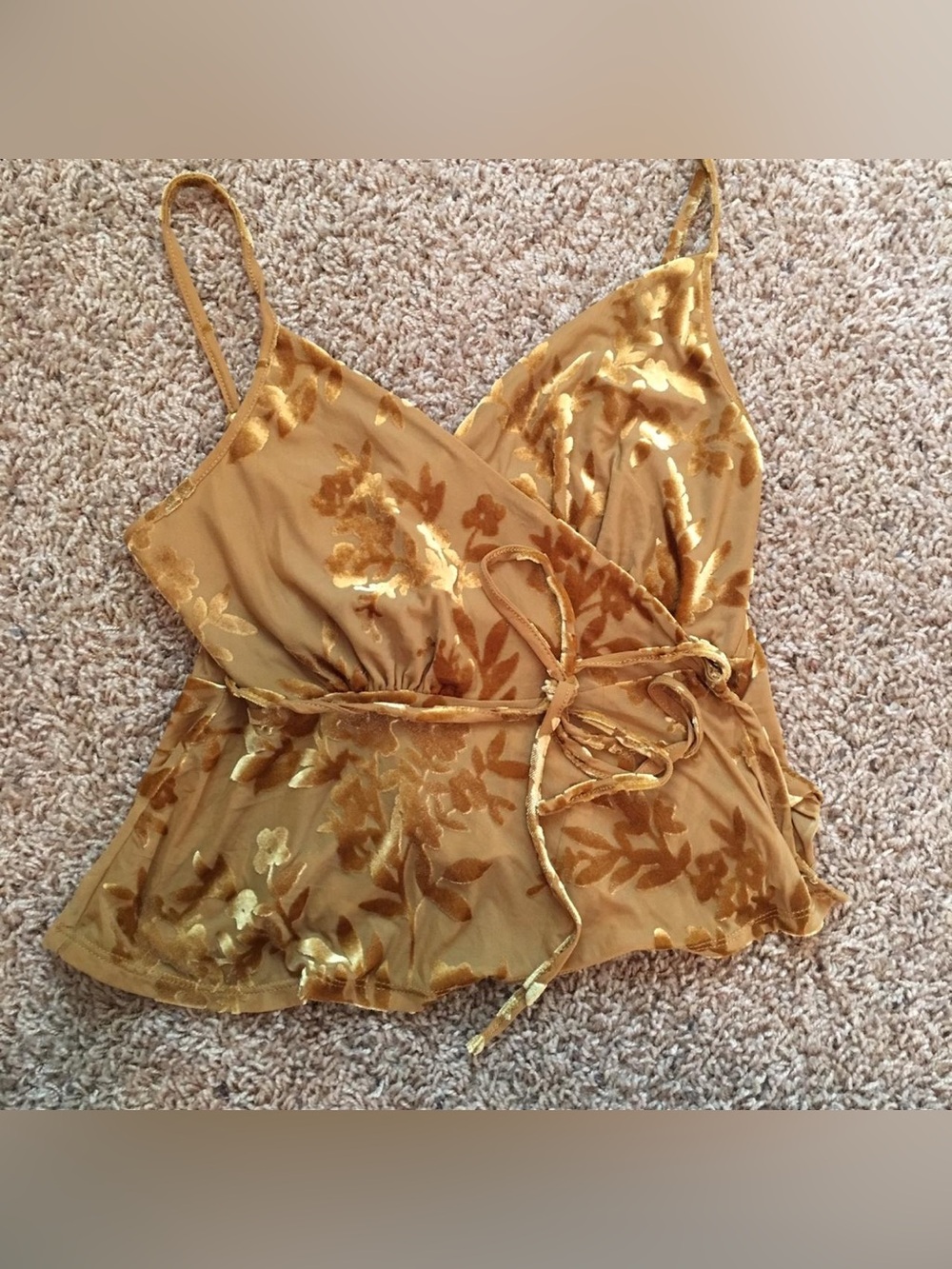 Velvet Floral Spaghetti Strap Cami Wrap Top in Golden Yellow